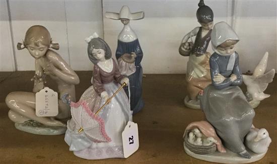 Lladro figure of a goose girl and 4 other Lladro figures